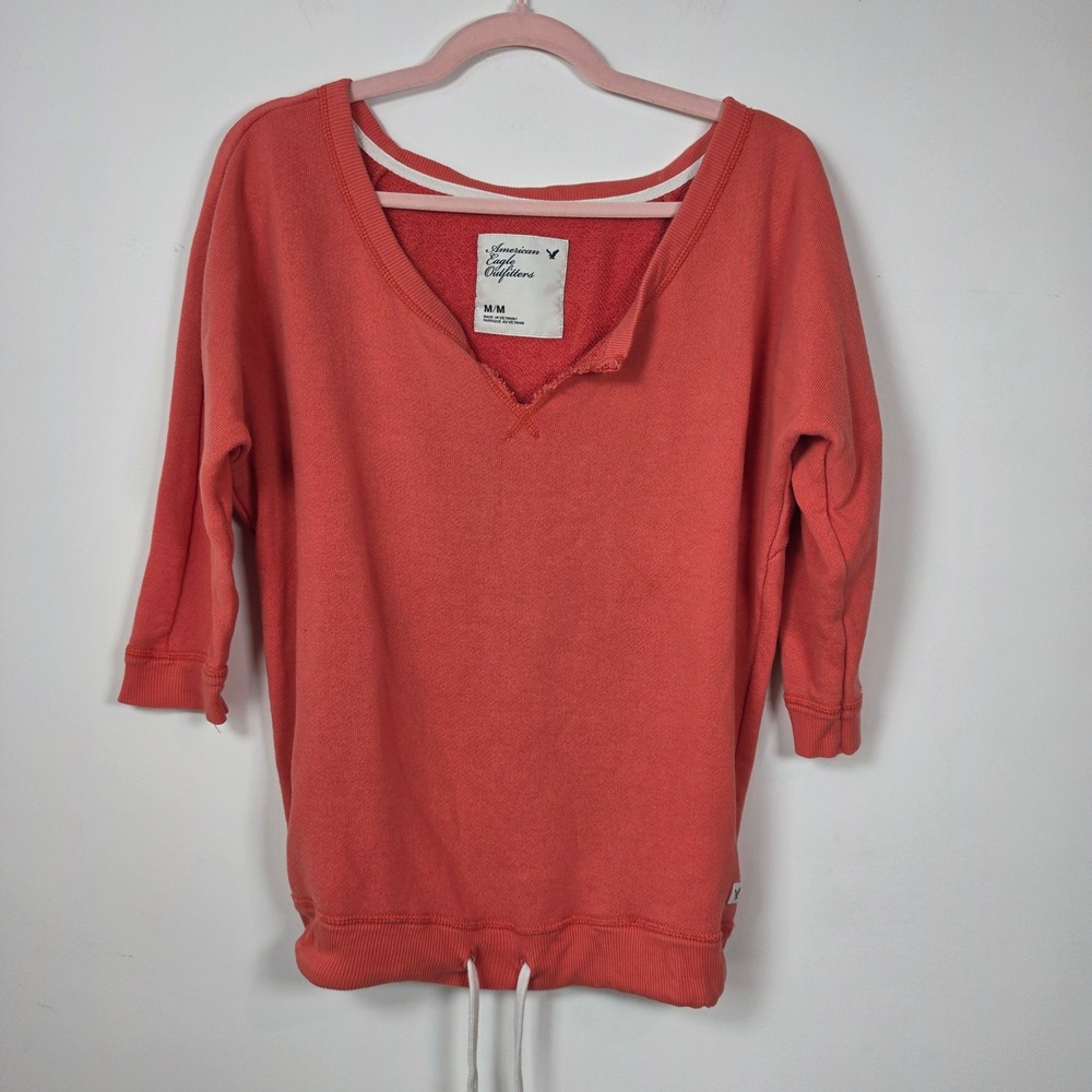American Eagle Outfitters Coral Pink Sweatshirt 3/4 Sleeve Drawstring Hem Medium